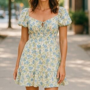 Madden NYC | Floral Boho Milkmaid Mini Dress Puff Sleeves‎ Sz L Cottage Coquette